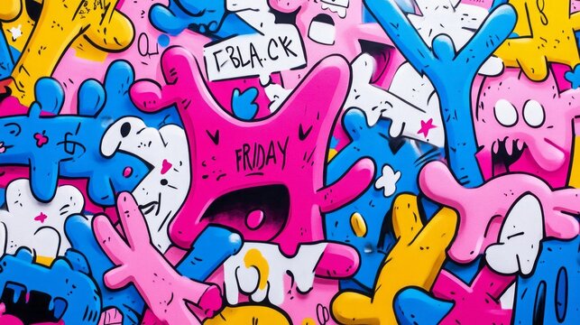 Colorful cartoon characters advertise black friday sale in a crowded space