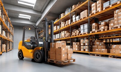 Naklejka premium Warehouse interior with forklift and pallets