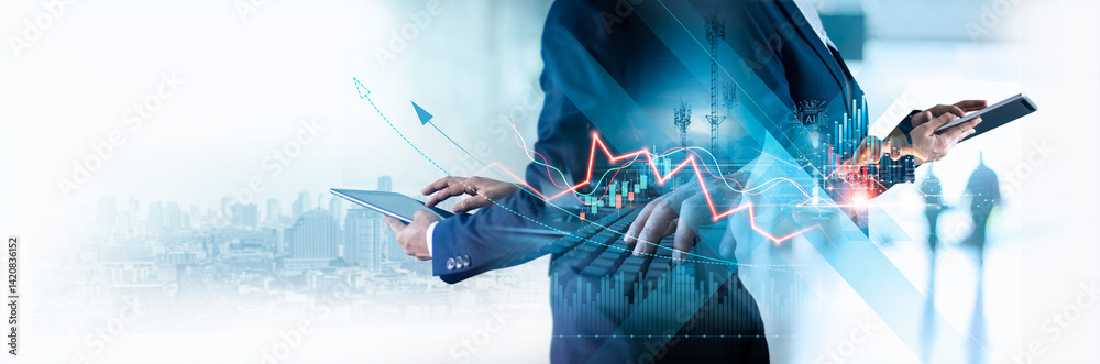 Poster business analyzing and calculating financial data for long term investment growth goals and company 