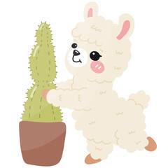 Cute Funny Llama, Alpaca Cartoon with cactus 