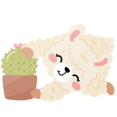 Cute Funny Llama, Alpaca Cartoon with cactus 