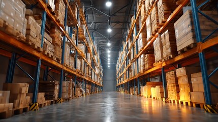 Warehouse interior with high shelving, filled with cardboard boxes