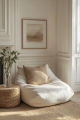 Modern calm interior with beige bean bag and soft textures, perfect for minimalist home styling, decor inspiration or furniture branding
