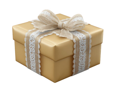 beautifully wrapped gift box in gold with delicate lace ribbon, perfect for special occasions. This elegant present adds touch of sophistication and charm to any celebration