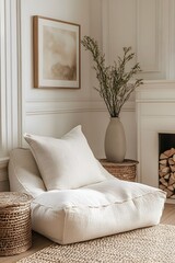 Modern calm interior with beige bean bag and soft textures, perfect for minimalist home styling, decor inspiration or furniture branding
