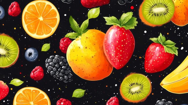Various colorful fresh fruits are scattered on a dark background