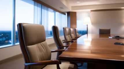 Modern conference room with elegant chairs and a warm lamp, overlooking a city skyline at dusk
