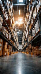 Fototapeta premium Wide shot of a warehouse interior, filled with stacked shelves of goods