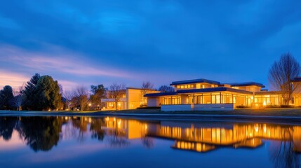 Serene twilight view of a modern lakeside residence reflecting warm light on calm waters