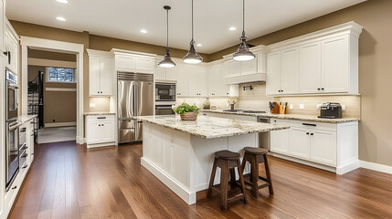 Bright Modern Kitchen Interior Design with White Cabinets and Granite Countertops
