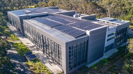 modern data center facility, highlighting its impressive size, sleek grey metal exterior, glass windows, and solar panels on the roof, surrounded by green spaces