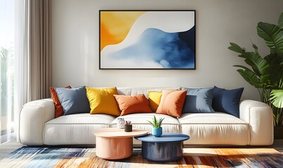  Minimalist interior design of modern living room. Beige fabric sofa with bright orange pillows. 


