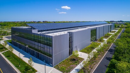 modern data center facility, highlighting its impressive size, sleek grey metal exterior, glass windows, and solar panels on the roof, surrounded by green spaces