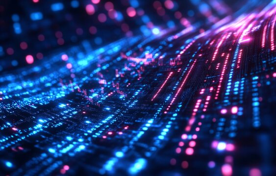 Abstract digital network.  Intricate glowing lines and dots, creating a sense of data flow or complex interconnected systems, in vibrant blues and pinks