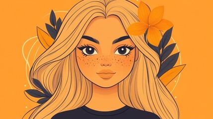 A girl with blonde hair, freckles, and floral accents