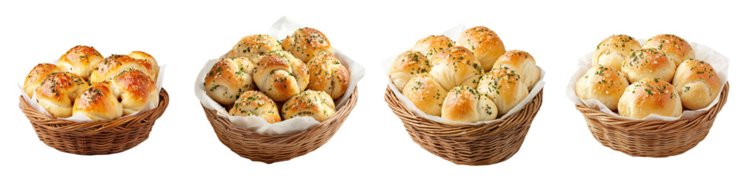 Freshly baked garlic knots in a basket, ready to be served as a street food snack.