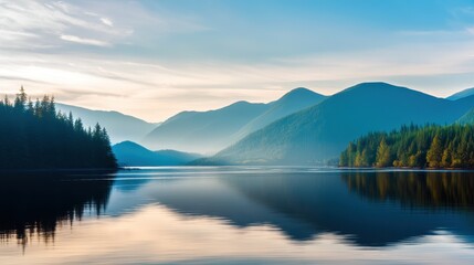 Obraz premium Serene lake surrounded by mountains at sunrise, reflecting nature's beauty and tranquility