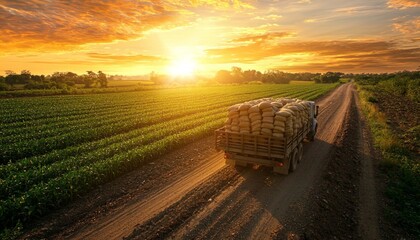agricultural truck transporting grain sacks across a verdant seedling field illuminated by a golden sunset, symbolizing the prosperity of farming along a rural road