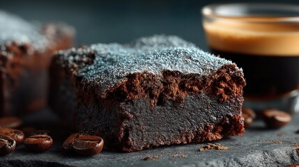 Rich cocoa-dusted brownies artfully served on textured slate, complemented by a shot of espresso, all against a dark, moody background. 