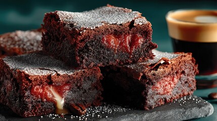 Rich cocoa-dusted brownies artfully served on textured slate, complemented by a shot of espresso, all against a dark, moody background. 