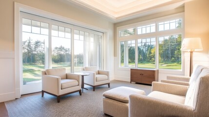 Fototapeta premium Cozy interior of a modern living room with large windows overlooking a serene landscape