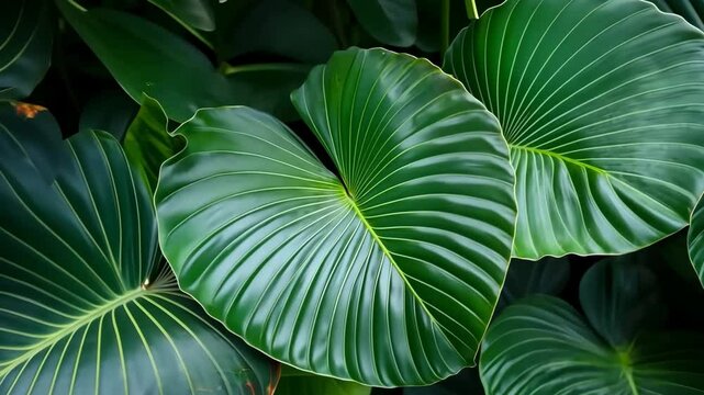 large tropical leaf, greenhouse, tropical, botanical, background, green, details. A slow approach. Generative 4k video