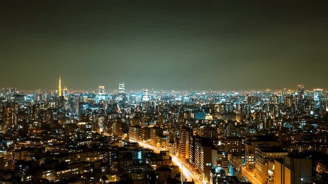 大都会の夜景をドローンで奥へと飛ぶ高級感あふれる空撮映像