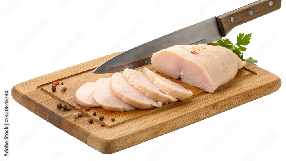 Poster sliced chicken breast on wooden cutting board with knife, surrounded by peppercorns and parsley, cre