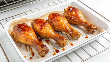 Fototapeta premium Four glazed chicken drumsticks roasting in oven on baking tray, showcasing deliciously caramelized surface. golden brown glaze adds mouthwatering appeal to dish