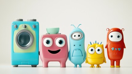 Colorful and Cheerful Toy Characters on a Solid Background