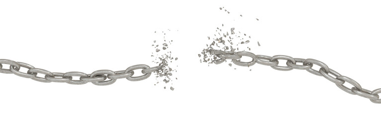 Chain Break 3D: High-contrast image of a fractured silver chain on black. Represents liberation, escape, or the breaking of constraints.