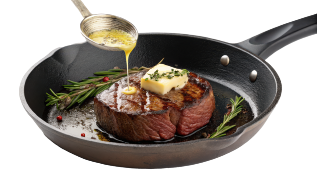 juicy venison steak is being basted with melted butter in black skillet, garnished with fresh rosemary and peppercorns, creating mouthwatering and aromatic dish