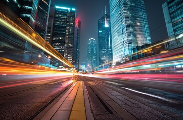 Fototapeta premium Cityscape at Night: Dynamic Light Trails of Urban Traffic Flowing Through Modern Skyscrapers