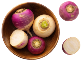 Rutabaga - rustic Root Vegetable on wooden bowl isolated on white background. Suitable for marketing or business purposes. PNG file