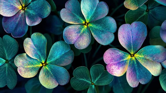 Vibrant Teal and Purple Four-Leaf Clovers Close-Up