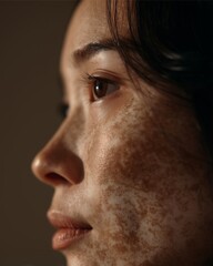 Detailed side profile portrait of Asian woman with vitiligo skin, vitiligo beauty, vitiligo beauty, vitiligo beauty for skin condition awareness