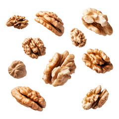 Falling walnut pieces isolated on transparent background