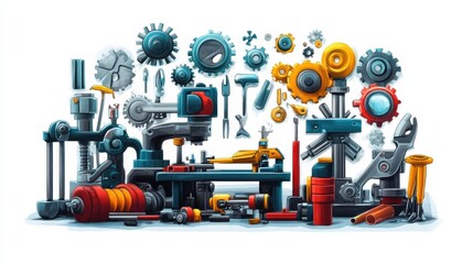Fototapeta premium Industrial Tools and Equipment Arrangement with Gears and Mechanisms