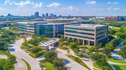 aerial shot of a corporate campus with innovative design elements and lush greenery, symbolizing the focus on strategic growth and sustainable development