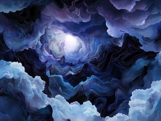 Obraz premium Ethereal cave entrance with radiant light swirling clouds layered terrain