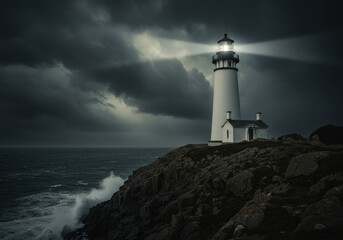 Obraz premium Lighthouse on rocky cliff under stormy sky.