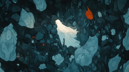 Ethereal figure amidst a moonlit cavern bathed in soft flowing light