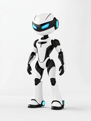Fototapeta premium 3D cartoon character of a futuristic robot with glowing blue eyes, friendly expression, sleek design, standing full body on plain white background.