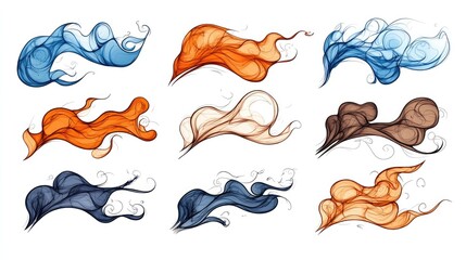 Naklejka premium Abstract element collection of various flowing shapes, including fire, smoke, and clouds in different colors