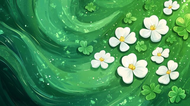 Flowers and clovers float on vibrant green swirling water
