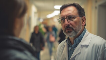 Doctor Speaks Seriously to Patient in Hospital Corridor,  Offering Medical Advice Calmly and Carefully