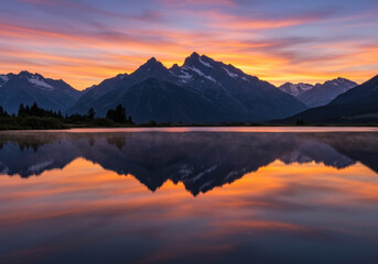Sun setting over mountains, casting golden light on calm lake.