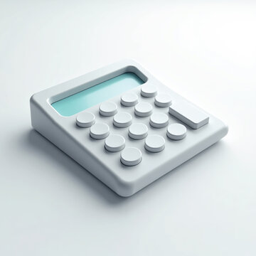 3D Illustration of an office calculator with large buttons and a digital display. Greyish white background to keep the focus on the details.