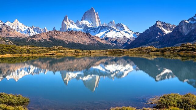 Majestic Fitz Roy Mountain Range Mirrored in a Serene Lake: A Breathtaking Patagonian Landscape