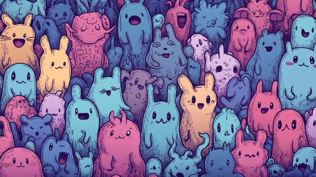 Colorful whimsical creatures gather closely in a cartoon illustration